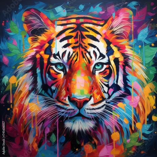Blacklight painting-style tiger  tiger pop art  illustration