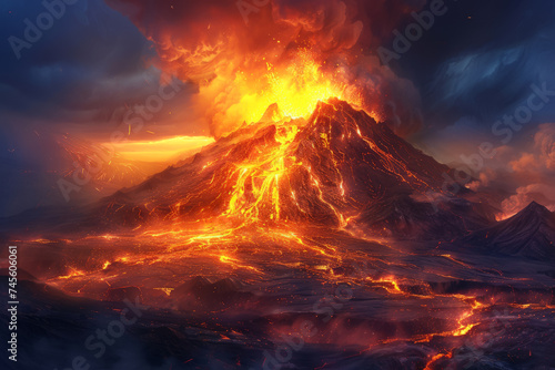 Flowing magmas incandescent glow in a volcanic eruption illustrating the intense heat and fiery landscape of this natural phenomenon with dynamic textures