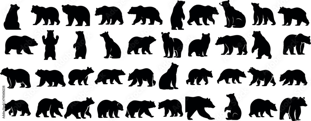 Bear silhouettes, bear in various poses, standing, walking, sitting, perfect for wildlife, nature designs, outdoor themes, versatile, visually engaging
