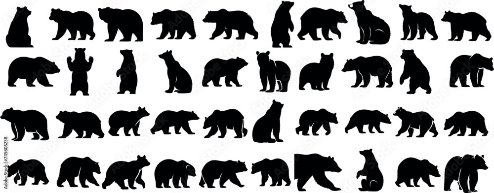 Bear silhouettes, bear in various poses, standing, walking, sitting, perfect for wildlife, nature designs, outdoor themes, versatile, visually engaging Bear silhouettes, bear in various poses, standing, walking, sitting, perfect for wildlife, nature designs, outdoor themes, versatile, visually engaging