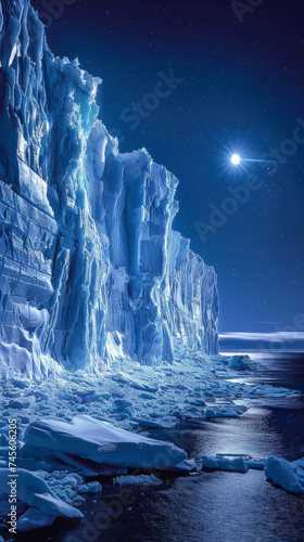 Glacier cliffs under the shimmering lights of the polar night where the ices translucent nature is enhanced by abstract expressionism techniques