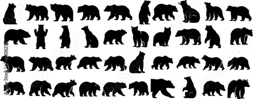 Bear silhouettes, bear in various poses, standing, walking, sitting, perfect for wildlife, nature designs, outdoor themes, versatile, visually engaging photo