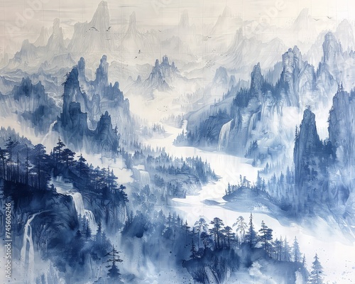 Ink wash painting depicting an aerial perspective of a pathfinders journey across rugged landscapes