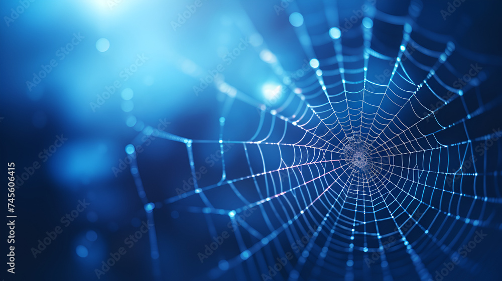 Defocused cross spider on a web with dew drops. Cobweb with drops of rain pattern in blue light. - obrazy, fototapety, plakaty 