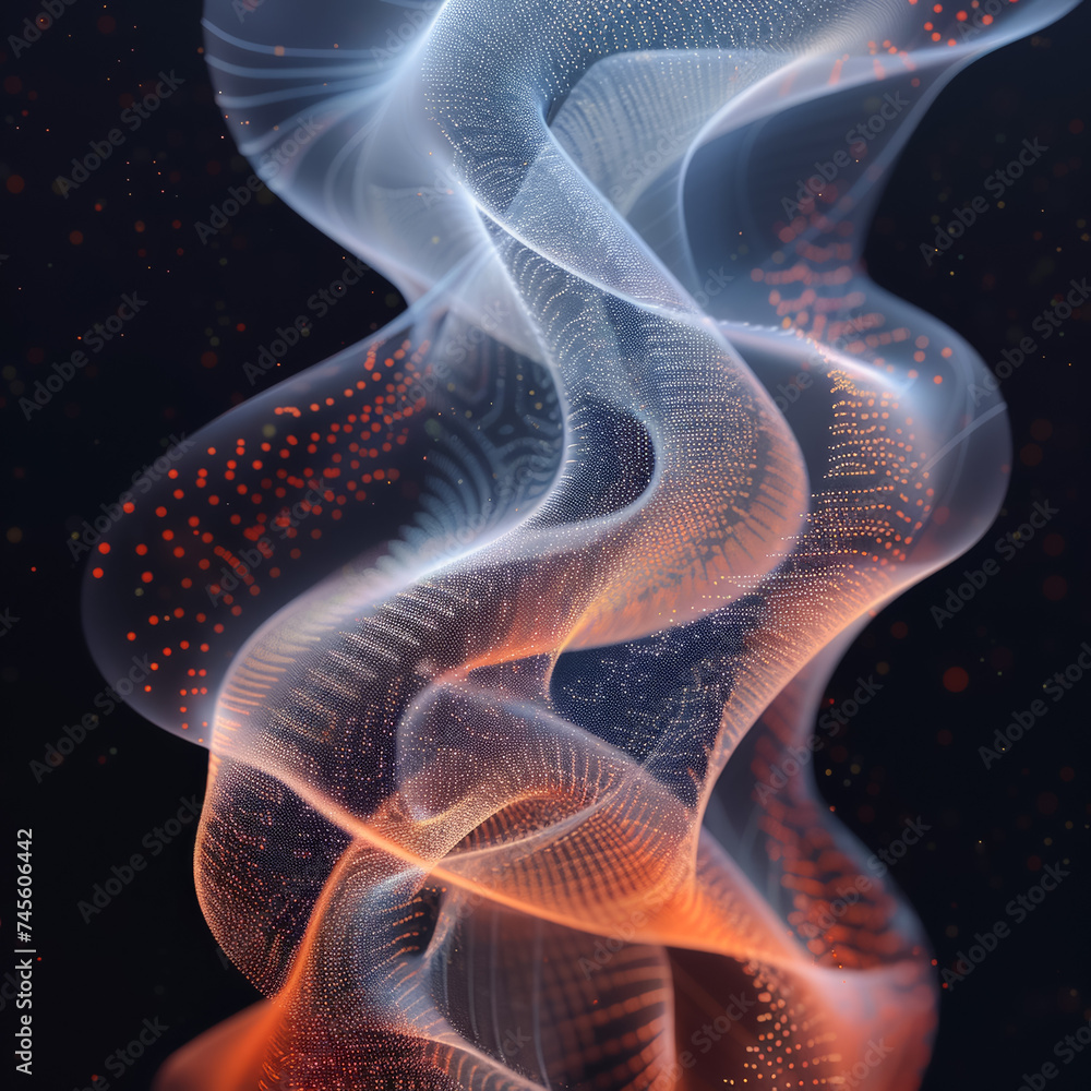 Mystery of quantum mechanics visualized as a digital art piece where particles intertwine in an eerie dance Mystery of quantum mechanics visualized as a digital art piece where particles intertwine in an eerie dance