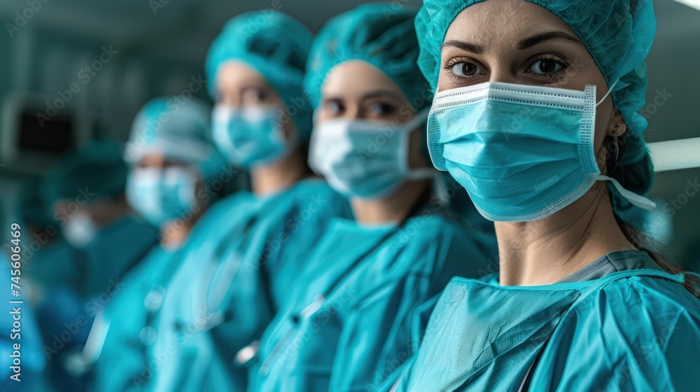 Healthcare worker with surgical mask and cap in hospital setting. Medical staff teamwork concept. Design for healthcare banner. Front view portrait with team behind