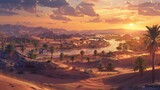 A vast desert landscape stretching to the horizon, with undulating sand dunes sculpted by the wind, a solitary oasis nestled among the dunes, palm trees swaying gently in the breeze