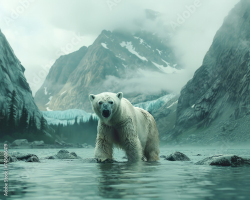 Polar Bear in Misty Arctic Water Landscape