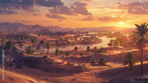 A vast desert landscape stretching to the horizon, with undulating sand dunes sculpted by the wind, a solitary oasis nestled among the dunes, palm trees swaying gently in the breeze