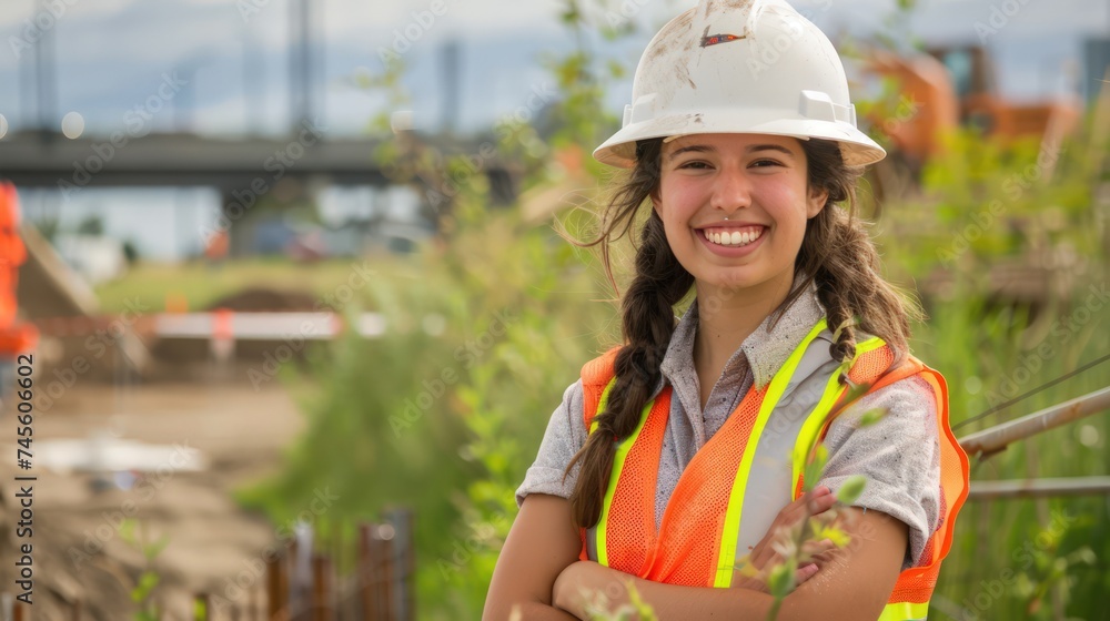 A cheerful young lady adorned in a white safety helmet and an orange reflective vest stands confidently with her arms folded, beaming.