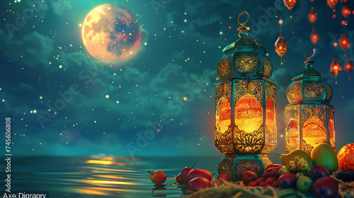 Arabian vintage lantern. horizontal banner, white poster template, website header. Islamic greetings Ramadan Kareem card design template background with beautiful lanterns.  © Nenone