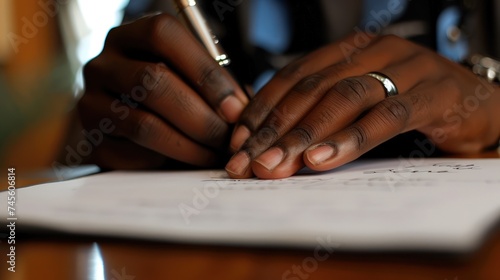 Close-up shot of a person's hands writing on a paper with a pen © Andrey