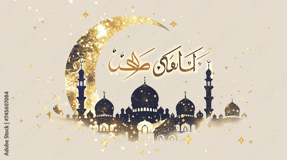 Obraz premium luxury Islamic banner, template, invitation, background with moon, mosque dome and lanterns.