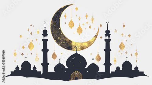 luxury Islamic banner, template, invitation, background with moon, mosque dome and lanterns.