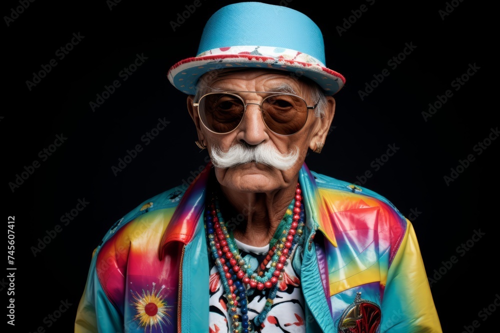 Portrait of an old man with a white beard in a colorful jacket, hat and sunglasses. Portrait of an old man with a white beard in a colorful jacket, hat and sunglasses.