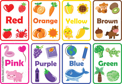 Colors Flashcards Printable vector Educational card for children. Flashcard for kids. The study of color. Red, orange, yellow, green, mint, brown, black, white, pink, purple, grey, blue 