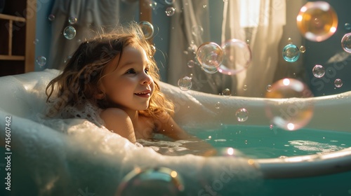 A happy laughing child is taking a bath playing with foam bubbles. Hygiene and care of young children. photo