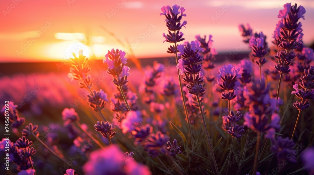 The lavender flower blooms in fragrant fields in endless rows. A lavender field in the soft sunset sunlight. The lavender flower blooms in fragrant fields in endless rows. A lavender field in the soft sunset sunlight.