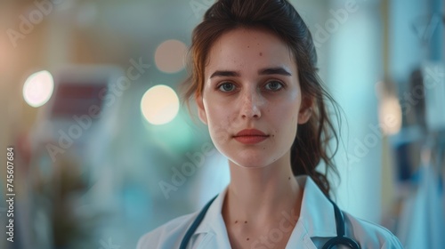 Portrait of beautiful woman doctor looking at camera at blurred hospital background