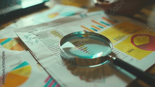 Printed business documents with colorful charts and graphs being analyzed through a magnifying glass