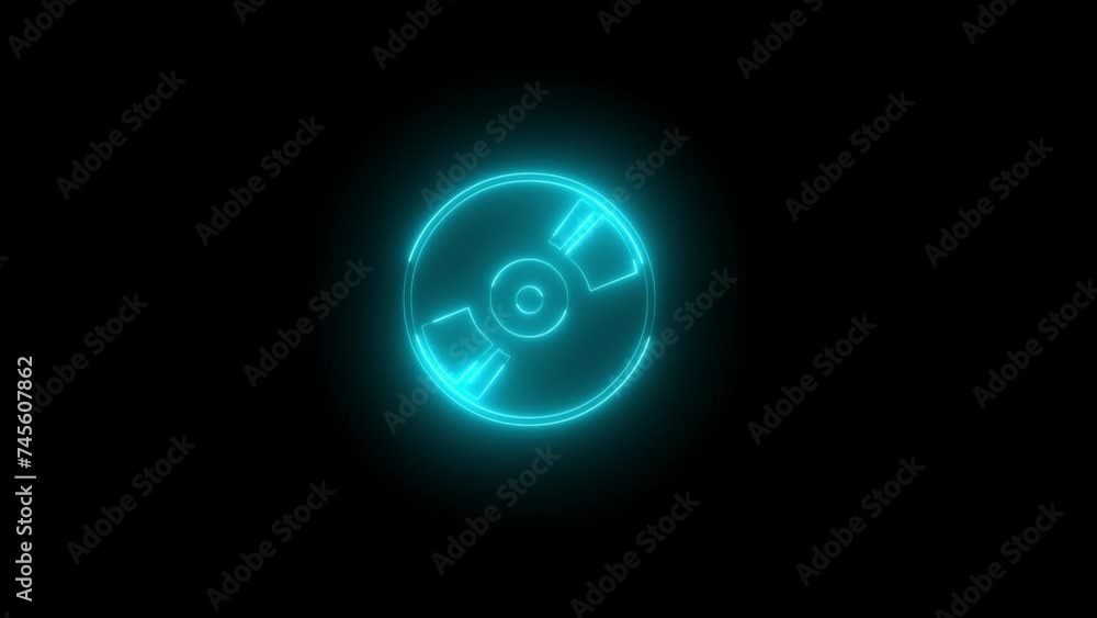 Neon glowing cyan optical disc icon animation in black background Neon glowing cyan optical disc icon animation in black background
