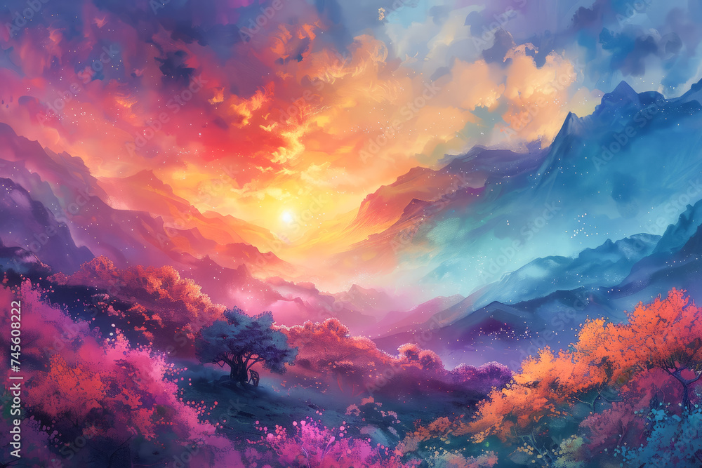 A vibrant fantasy scene with a surreal sunset illuminating a landscape of colorful foliage and misty mountains
