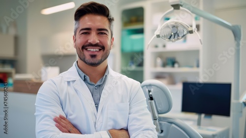 Cheerful male dental practitioner in white coat in well-equipped dentist's office
