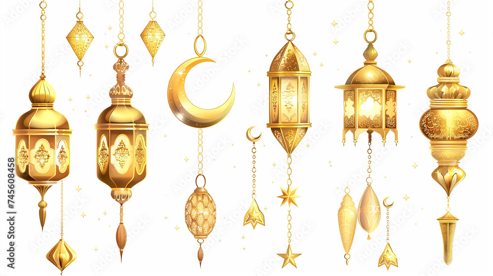 combination of shining hanging gold lanterns. Outline golden decor in Eastern style. Islamic background. Ramadan Kareem greeting card, advertising, discount, poster. combination of shining hanging gold lanterns. Outline golden decor in Eastern style. Islamic background. Ramadan Kareem greeting card, advertising, discount, poster.