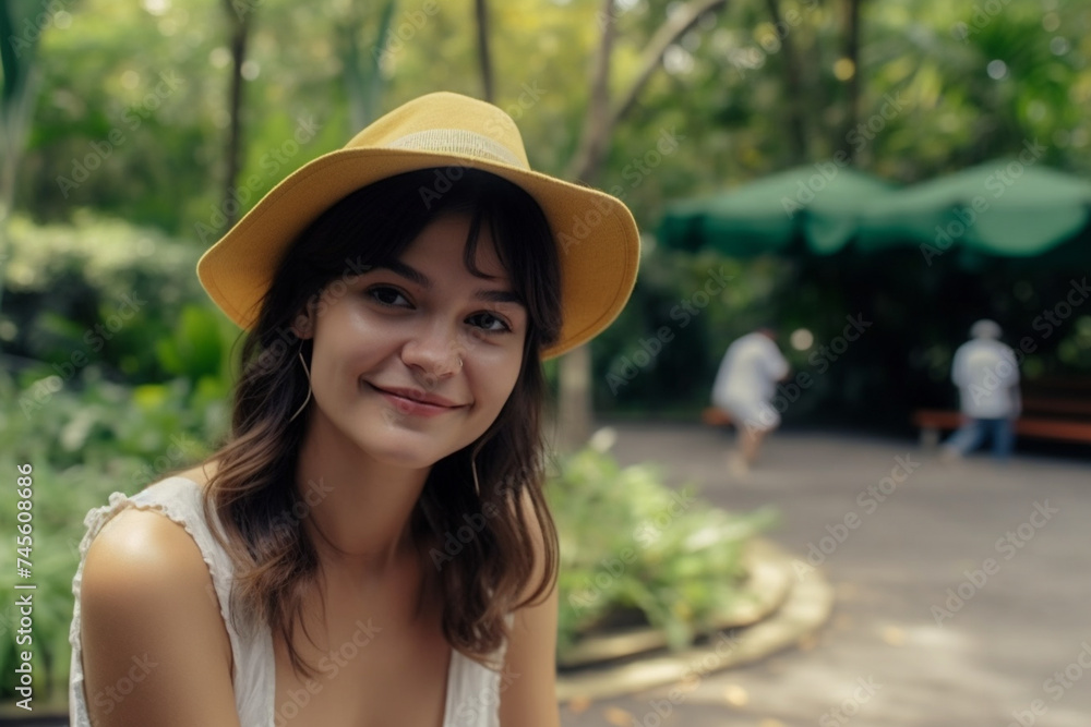 Beautiful Happy Woman Enjoying the Tropical Atmosphere in a Tropical Public Park