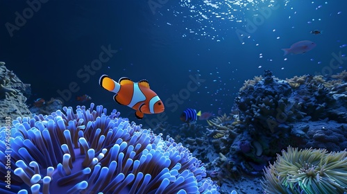 Vibrant clownfish swimming near sea anemone in a serene underwater scene. perfect for educational content. AI