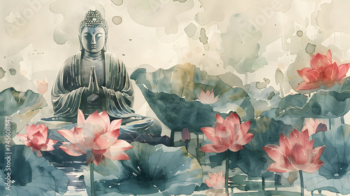 Watercolor Illustration of Buddha and lotus, Vesak Day