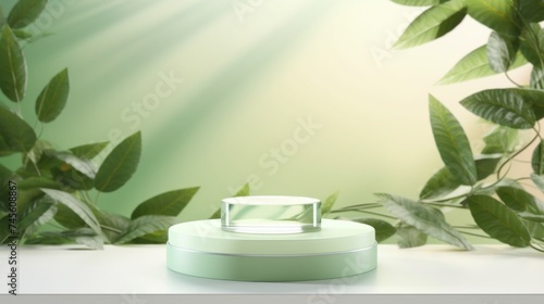 A modern Podium  Stage  Mock-up with leaves  for demonstrating cosmetic products  Organic Natural cosmetics  Creams  Oils  Face  Body masks on light green background with light and Shadow  Copy space.