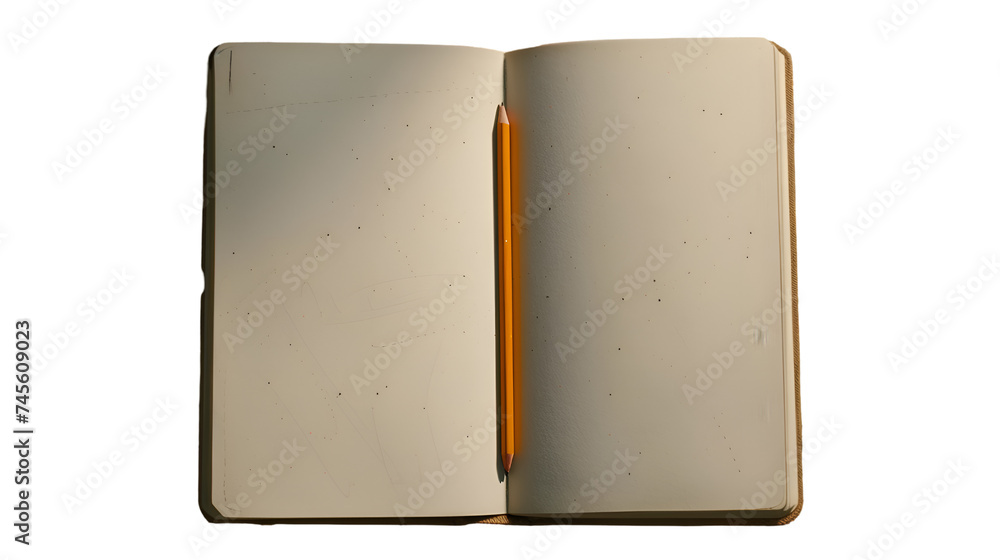 A top-down view of a white sketchbook opened to a blank page, with a single pencil resting on its surface, symbolizing the potential for endless imagination, transparent background A top-down view of a white sketchbook opened to a blank page, with a single pencil resting on its surface, symbolizing the potential for endless imagination, transparent background