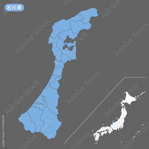 編集可能なマップデータ石川県と日本の地図