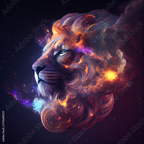 Lion from Galaxies spirals space nebula stars smoke. AI render