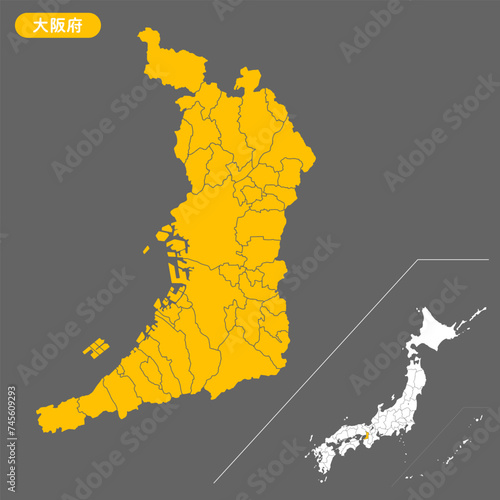 編集可能なマップデータ大阪府と日本の地図