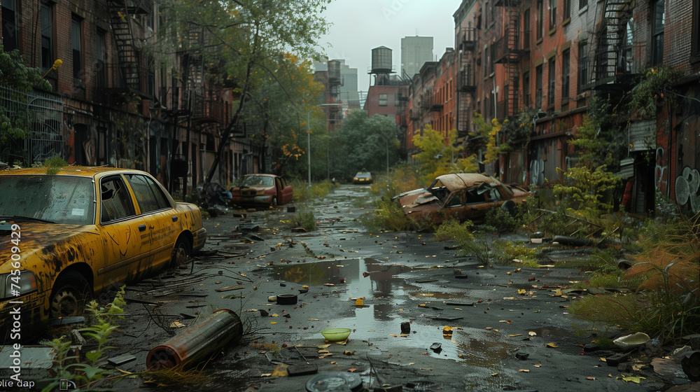 Digital artwork of a post-apocalyptic city street overtaken by lush greenery and vegetation, with abandoned buildings standing silent. - obrazy, fototapety, plakaty 