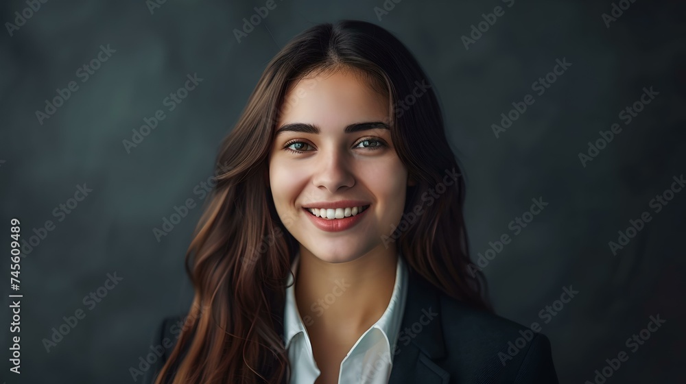 Fototapeta premium Confident young businesswoman smiling in a dark studio. professional look, modern corporate style. ideal for professional portraits. AI