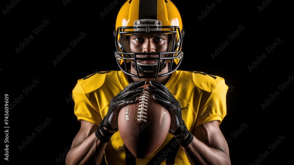 American football player in yellow uniform holding ball