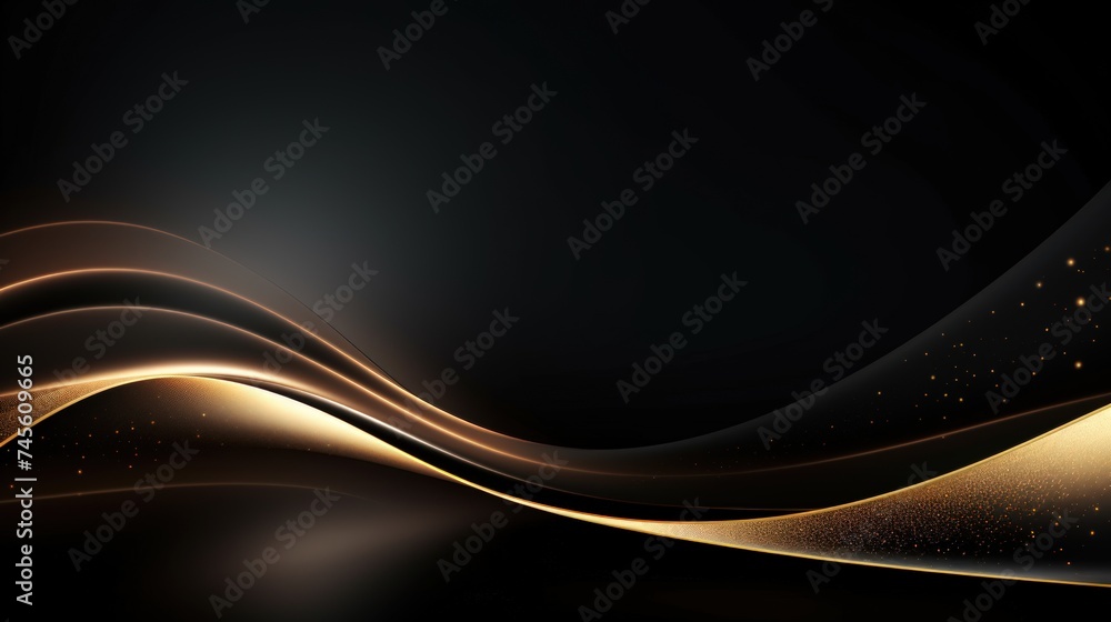 Luxurious black background adorned with golden lines, light ray effects, and bokeh decoration Luxurious black background adorned with golden lines, light ray effects, and bokeh decoration