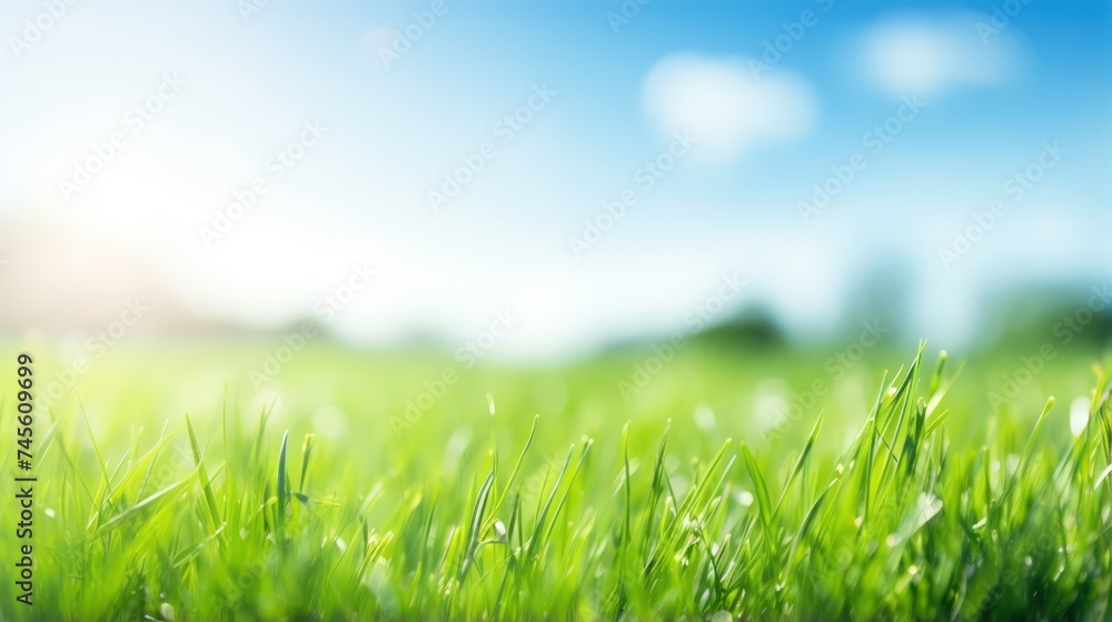 Green grass field and blue sky create a summer landscape background with a blurred effect.