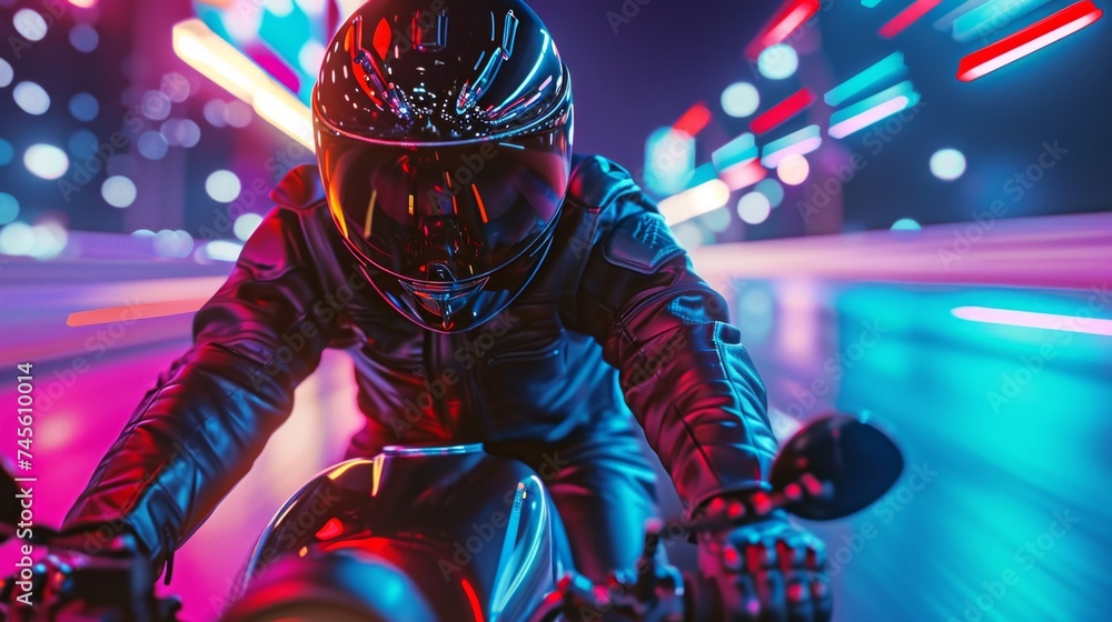 A motorcyclist rides fast in neon lights.