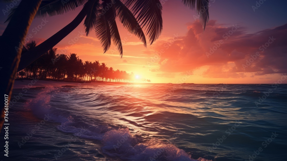 Amazing sunset on a tropical beach with palm trees.