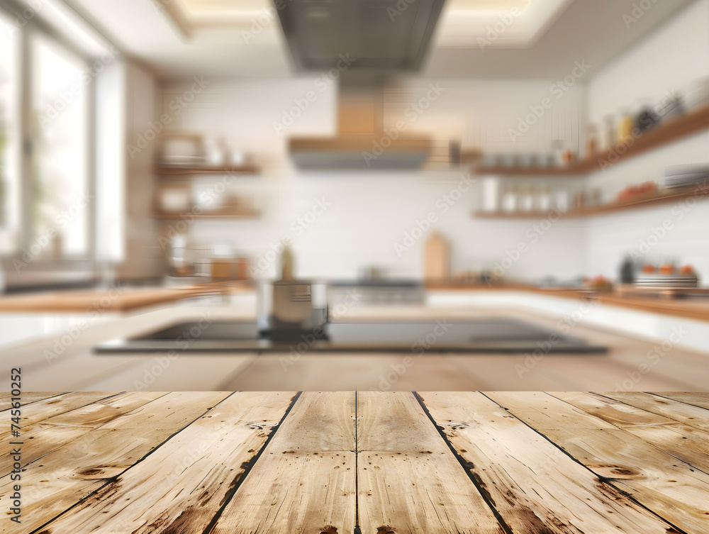 Beautiful empty wooden counter and modern kitchen background ready for product montage. Beautiful empty wooden counter and modern kitchen background ready for product montage.