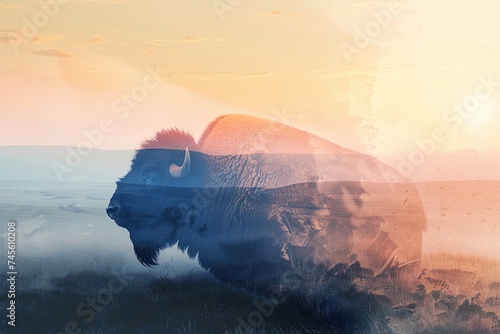 A bison silhouette blended with the outline of a vast prairie landscape in a double exposure photo