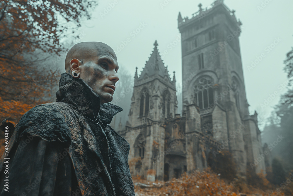 Mysterious Man by Ancient Gothic Cathedral in Autumn