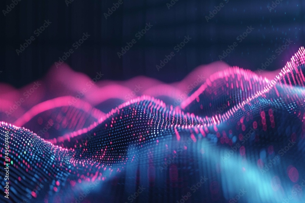 Generative AI image of abstract illustration of pink blue frequency signal waves as particles passing in medium against dark background - obrazy, fototapety, plakaty 