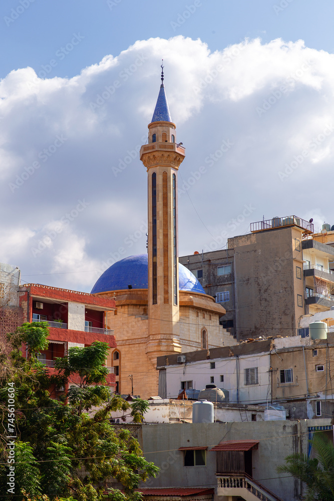Mosque with blue dome and minaret in the city of Sur. Republic of Lebanon
