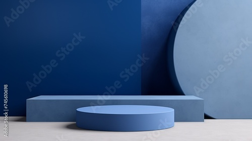 Horizontal Podium, Stage, Mock up with Geometric Shapes with light and dark blue Colors for Product Presentation with Copy Space.