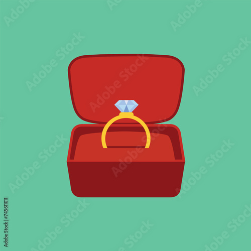 Velvet box with golden ring wedding symbol isolated cartoon icon. Vector pillow in red case of square shape with engagement ring with diamond germstone. Gold jewelry decorated by brilliant or adamant